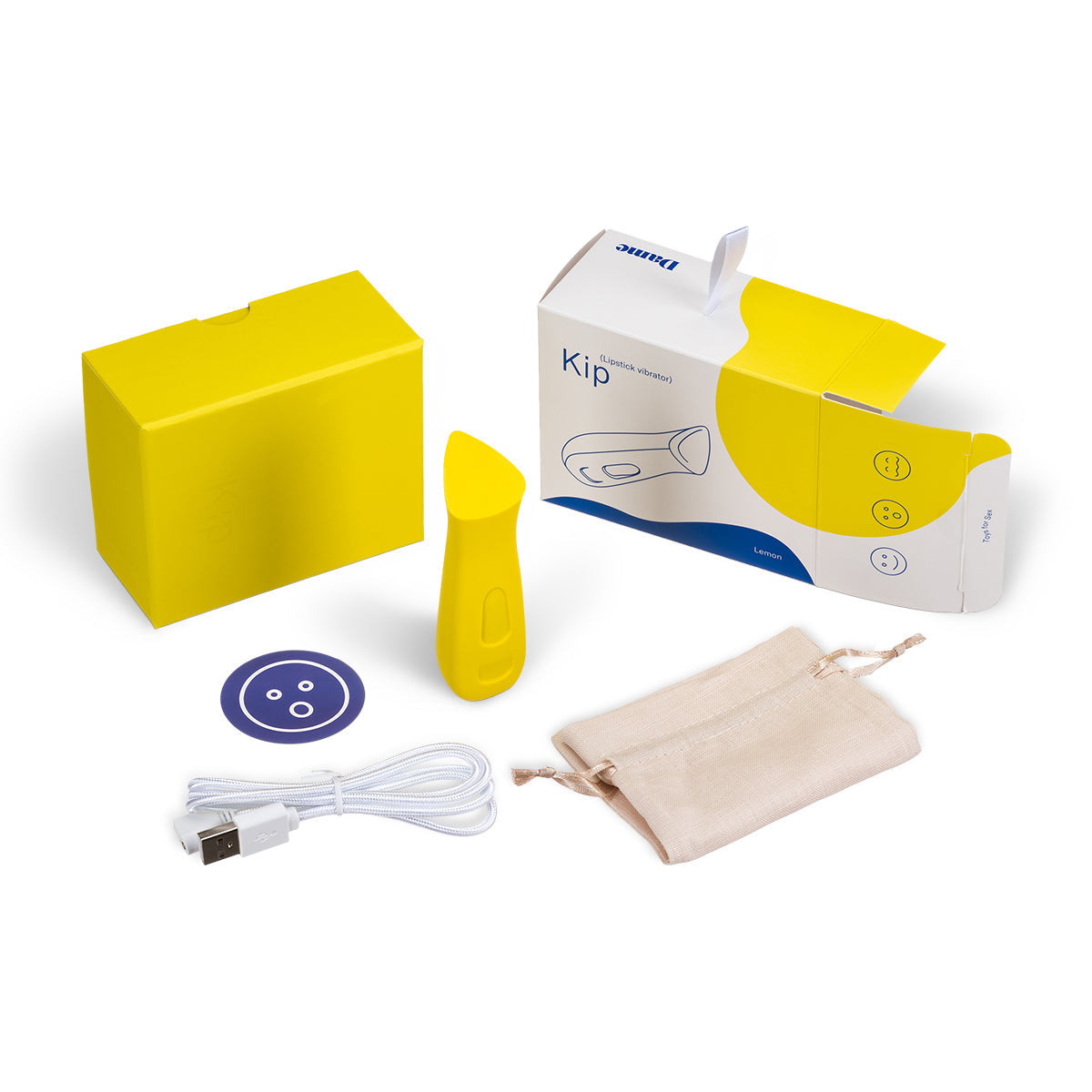Kip Waterproof Rechargeable Lipstick Vibrator by Dame - Yellow with the box and its contents