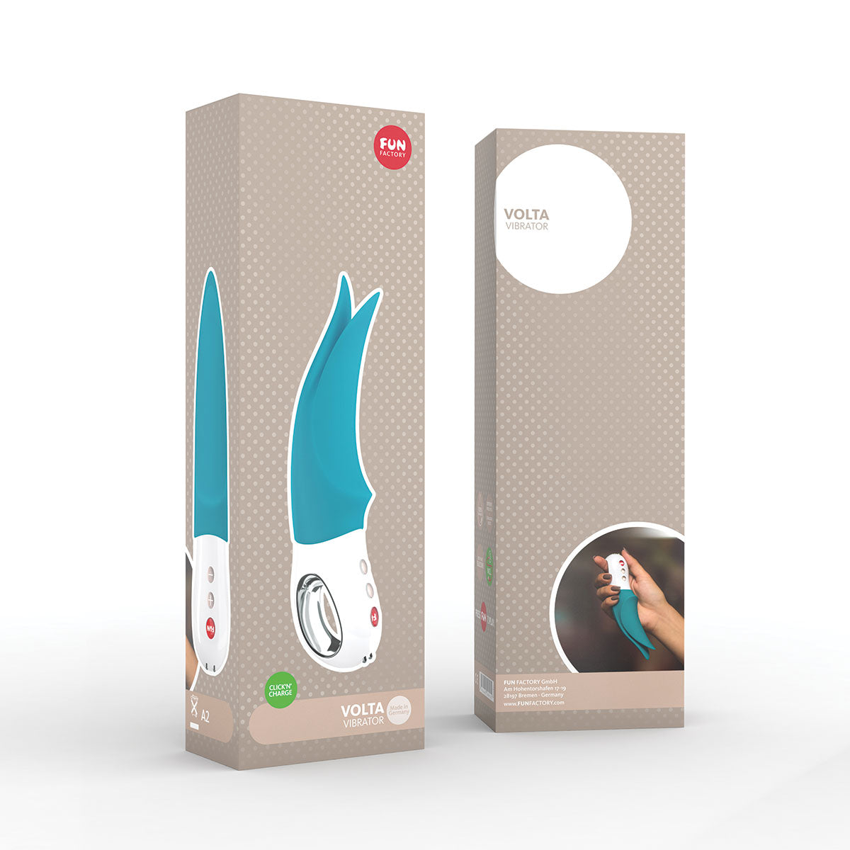 Fun Factory Volta Rechargeable External Vibrator - petrol blue in the box