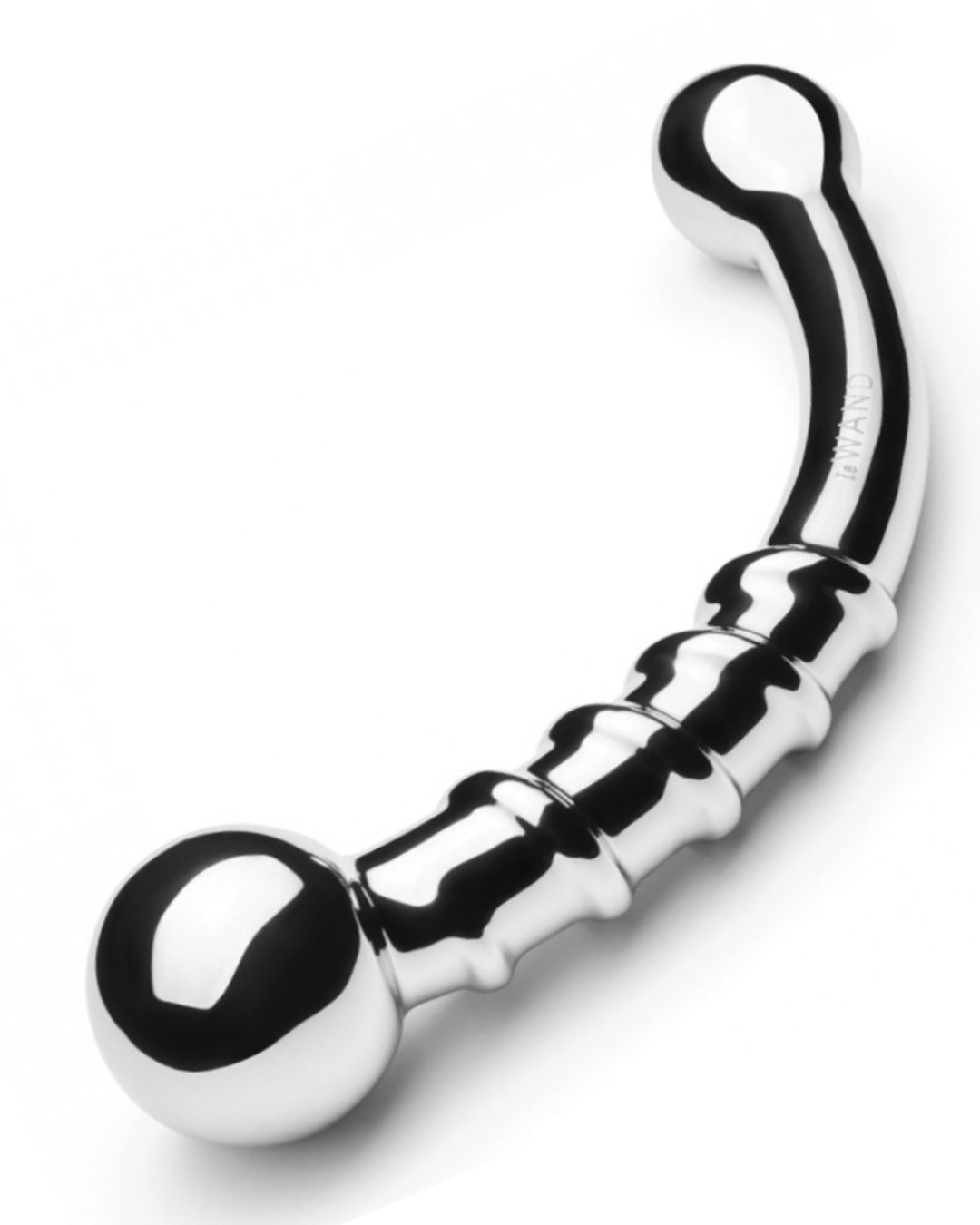 Le Wand Bow Double Ended Stainless Steel Dildo against a white background, side view to show the curve and ends