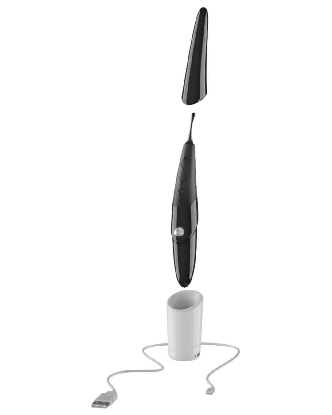 Zumio E - Rechargeable Clitoral Stimulator - Black showing the charger, vibrator, lid, and cord