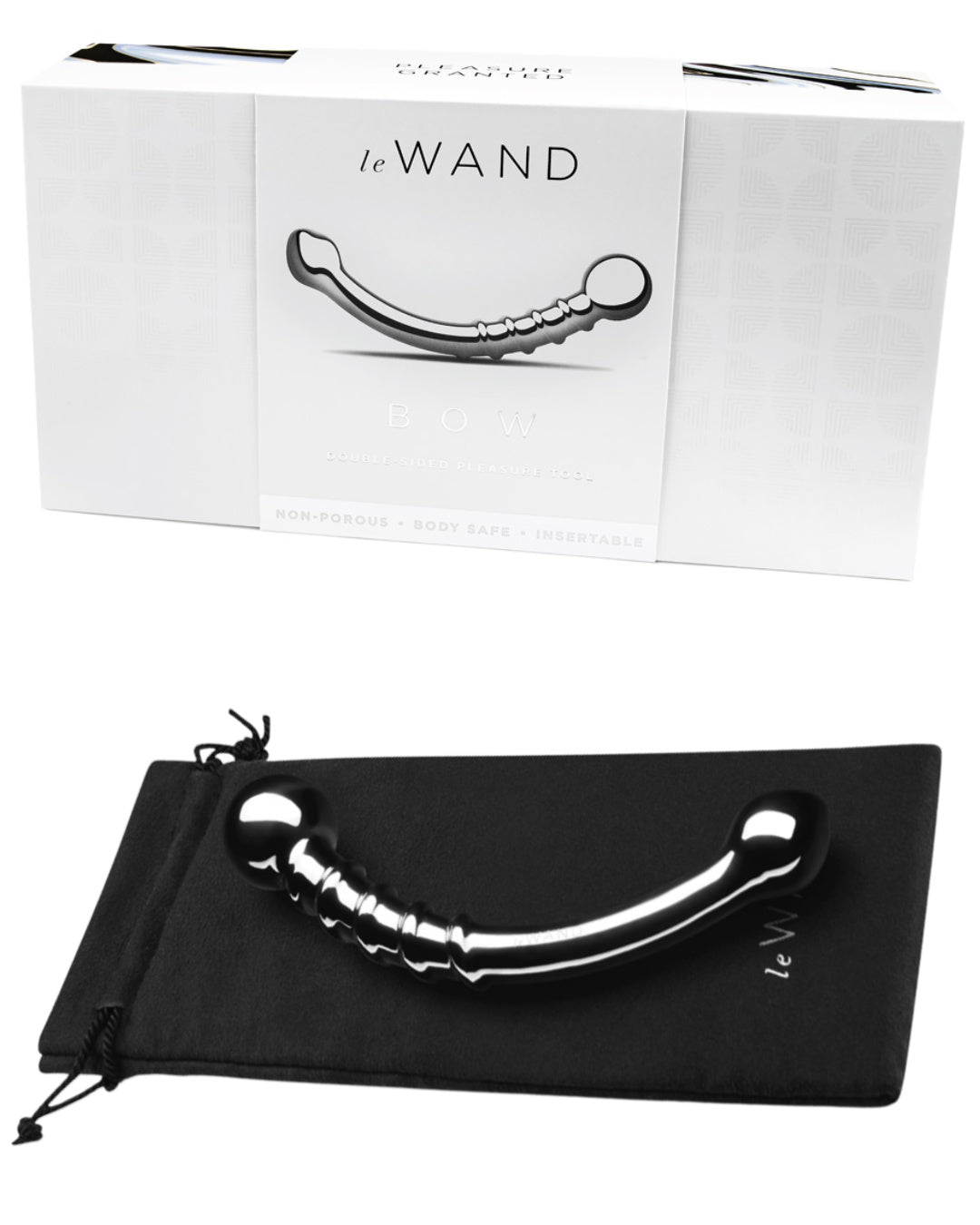 Le Wand Bow Double Ended Stainless Steel Dildo laying on its black storage bag against a white background