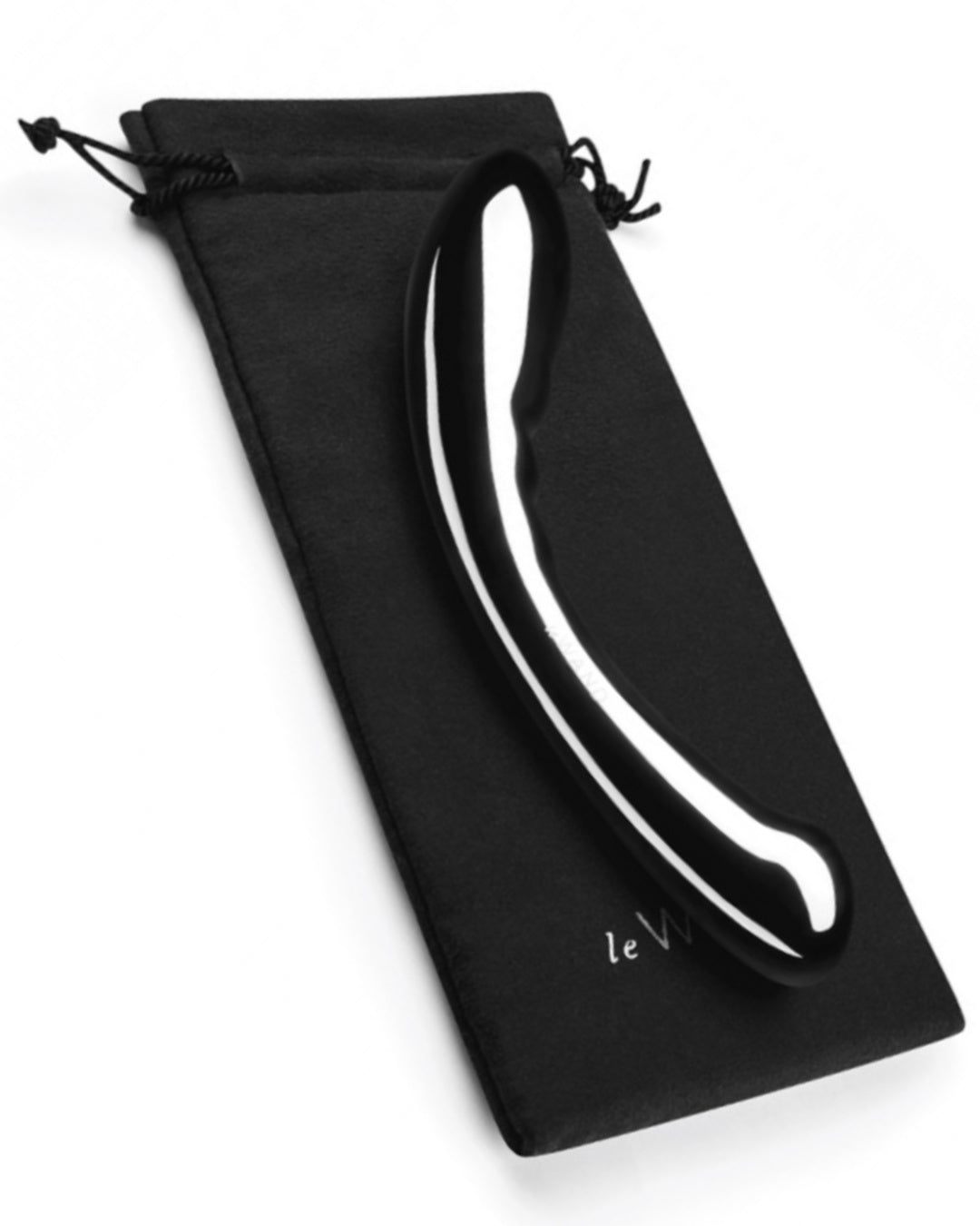 Le Wand Arch Double Ended Stainless Steel Dildo laying on its black storage bag against a white background