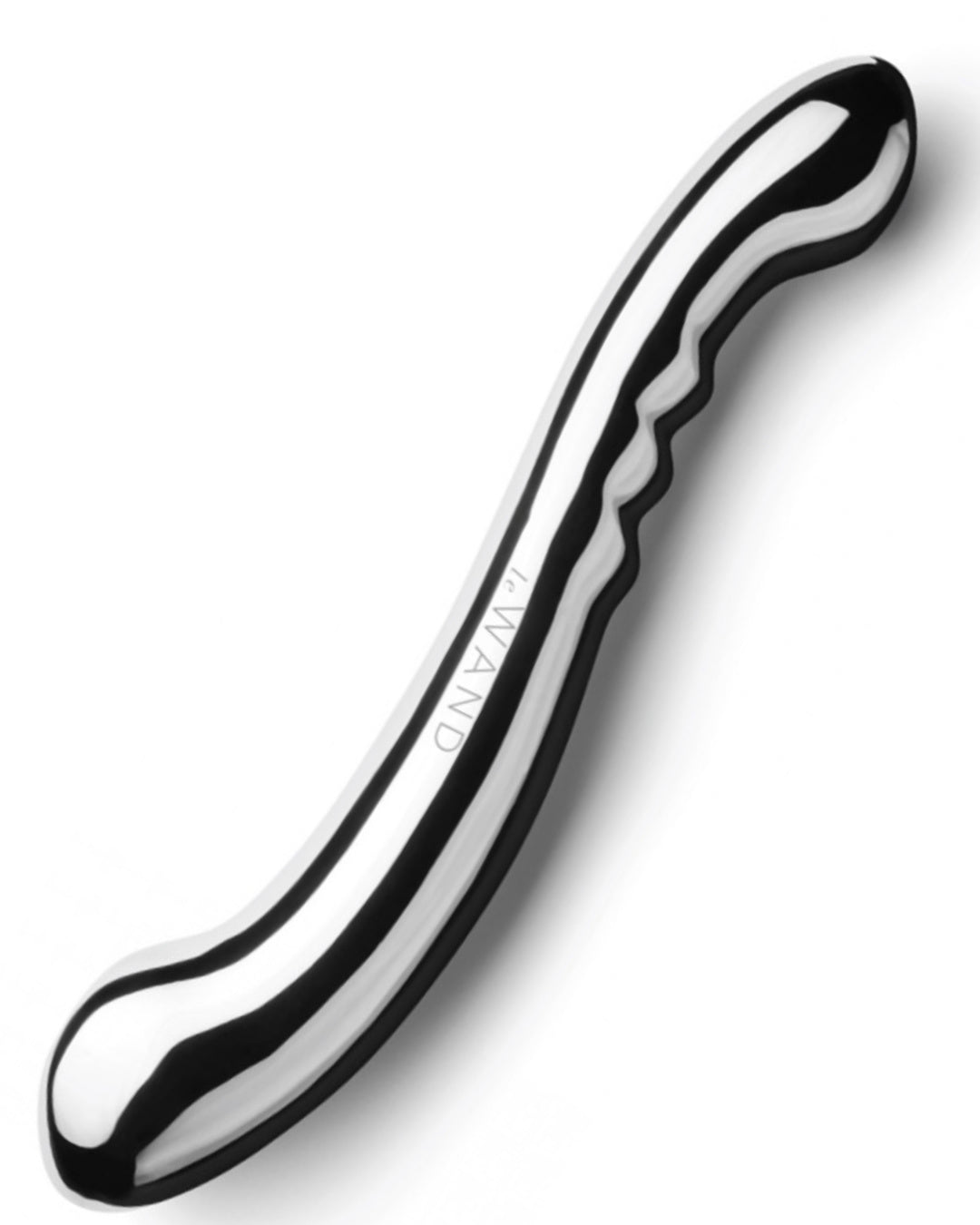 Le Wand Contour Double Ended Stainless Steel Dildo against a white background, tilted to show the curve and pleasure ridges
