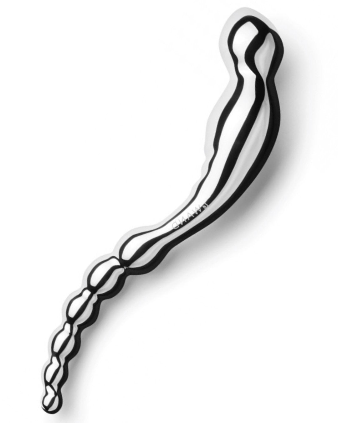 Le Wand Swerve Double Ended Stainless Steel Dildo against a white background, side view to show the S and both textured ends
