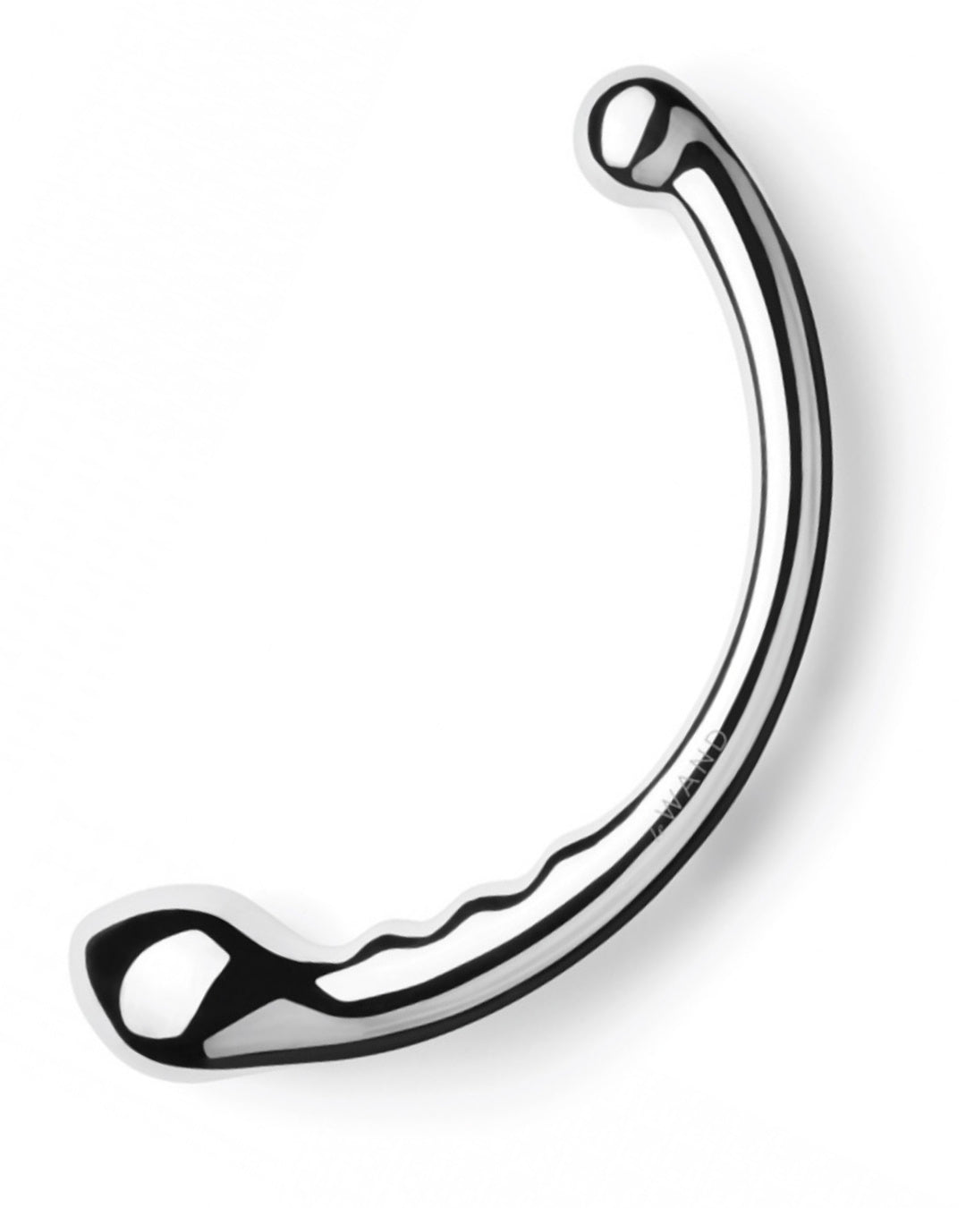 Le Wand Hoop Double Ended Stainless Steel Dildo against a white background, side view to show the curve and ends