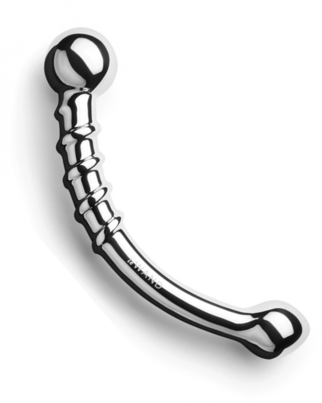 Le Wand Bow Double Ended Stainless Steel Dildo against a white background, tilted to show the more bulbous end