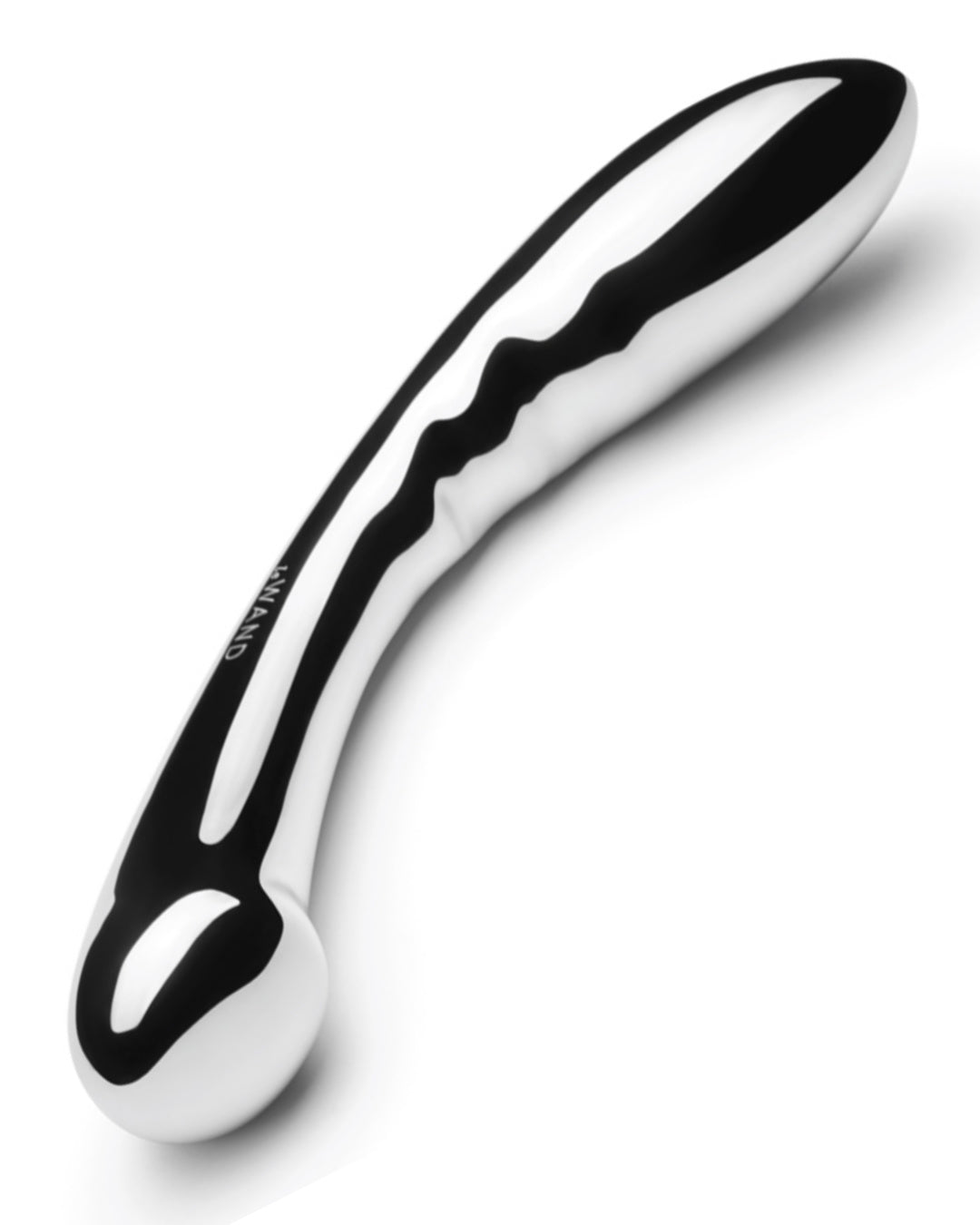Le Wand Arch Double Ended Stainless Steel Dildo against a white background, tilted to show the more bulbous end