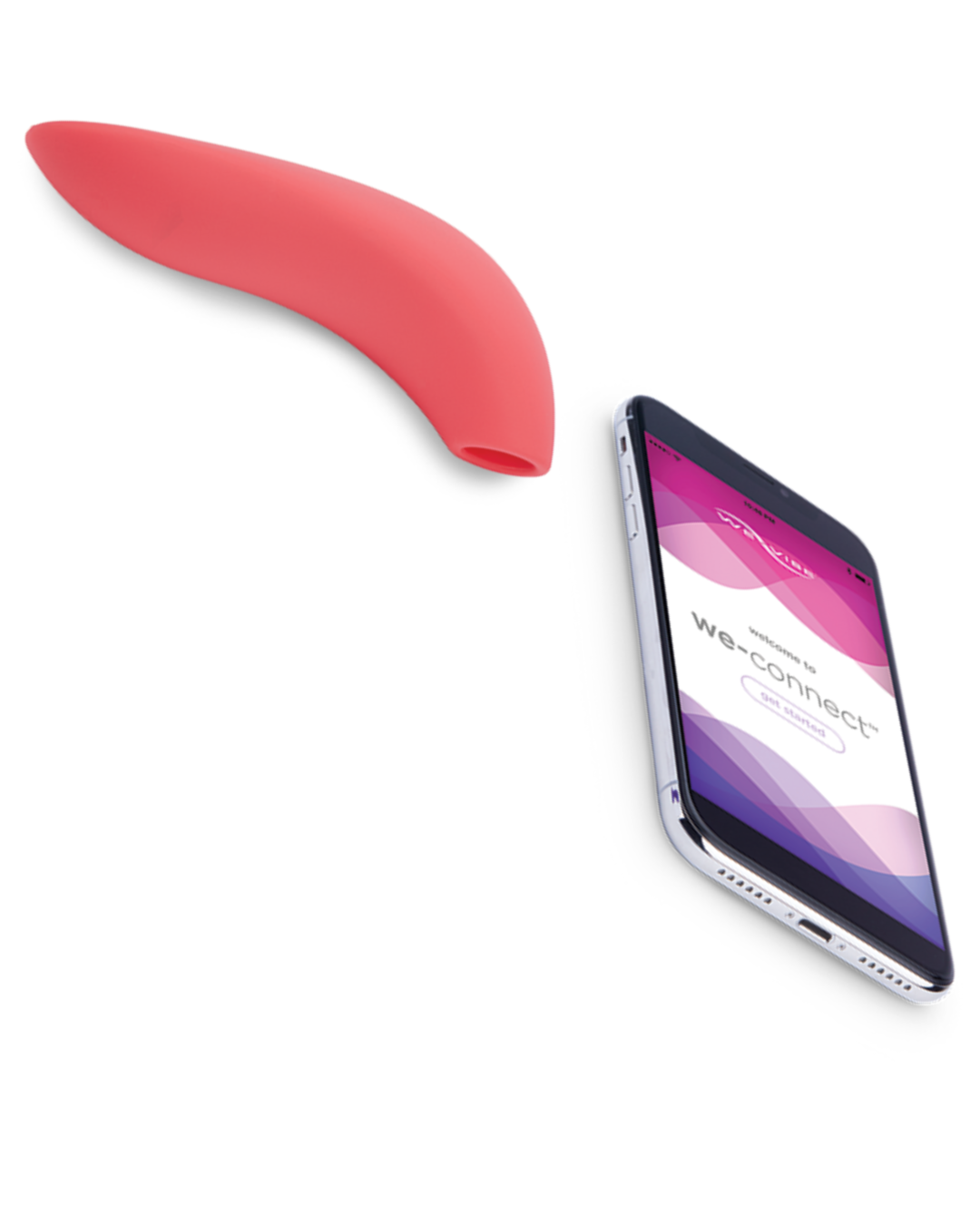 We-Vibe Melt Rechargeable Pleasure Air Clitoral Stimulator on a white background with a smart phone showing the we-vibe app