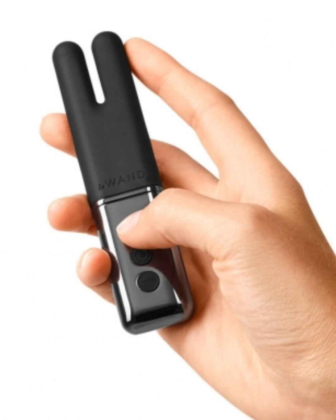 Le Wand Deux Twin Motor Rechargeable Waterproof Vibrator - Black held in a hand