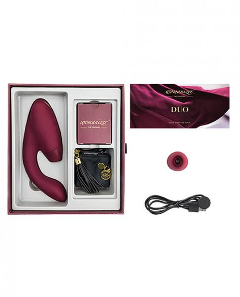 Womanizer Duo Pleasure Air Clitoral Stimulator & G-Spot Vibrator - Bordeaux box contents
