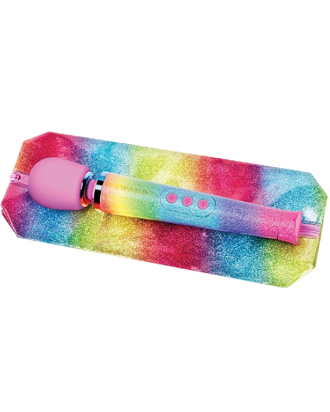 All That Glimmers Wand Vibrator Set - Rainbow laying on carrying case