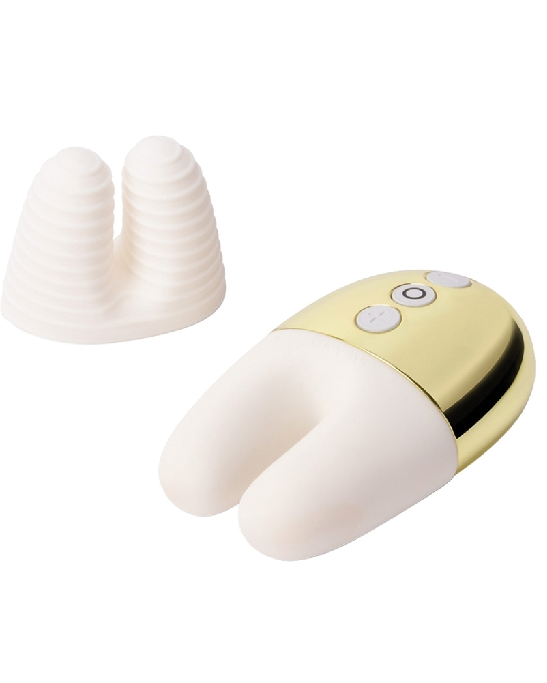 Le Wand Chrome Double Vibrator Limited Edition White Gold with attachment next to it