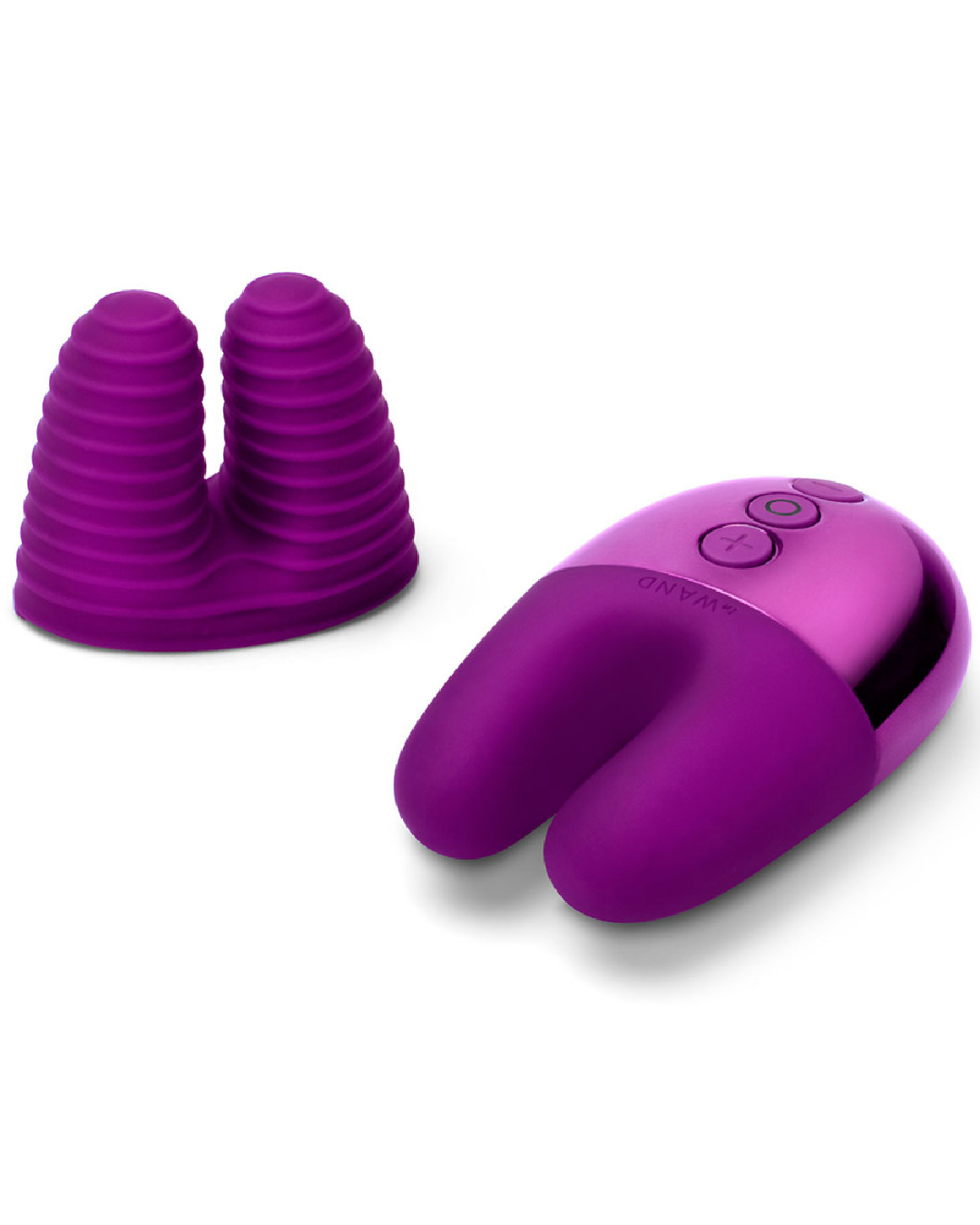 Le Wand Chrome Double Vibrator - Purple vibe next to textured sleeve