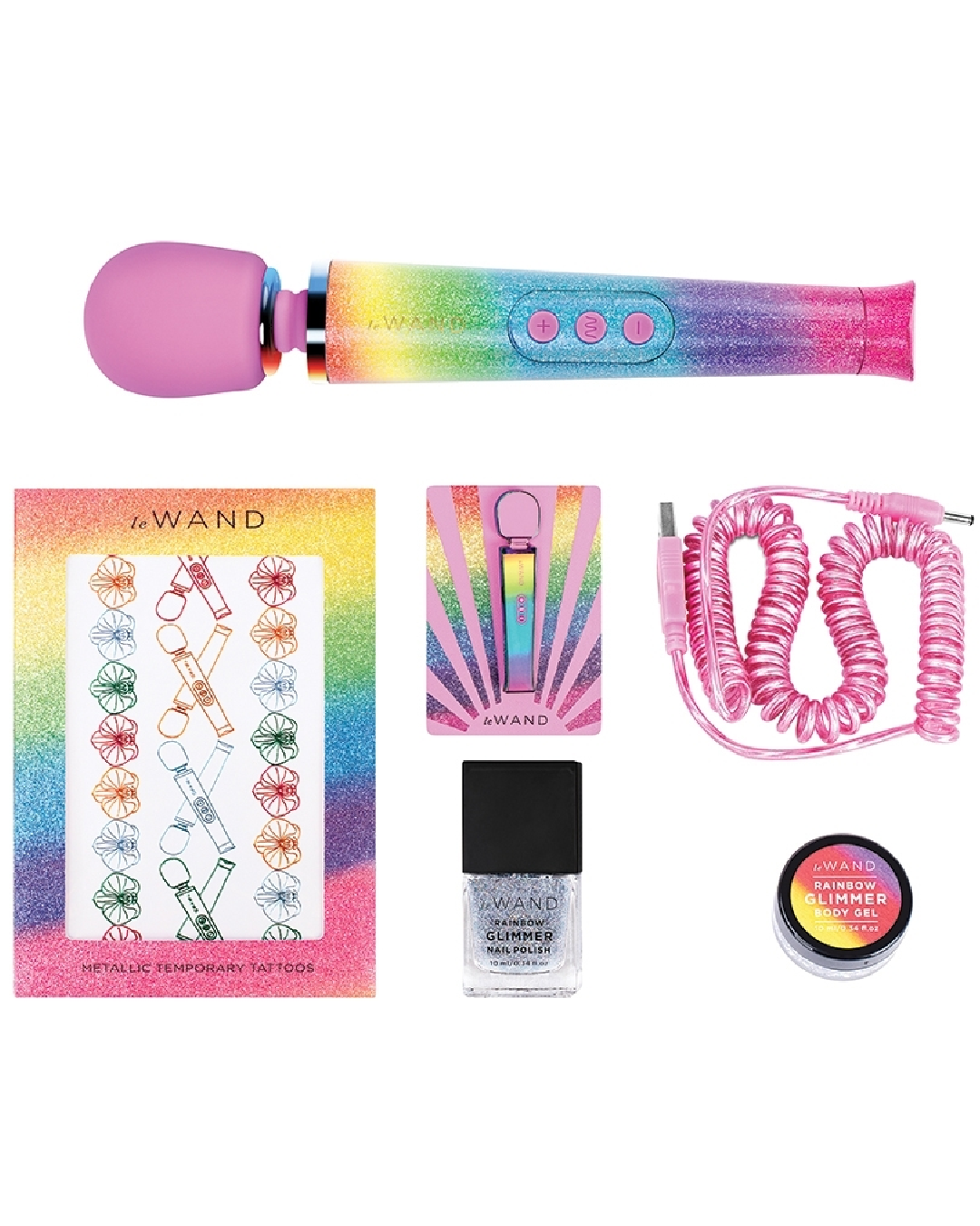 All That Glimmers Wand Vibrator Set - Rainbow with accessories
