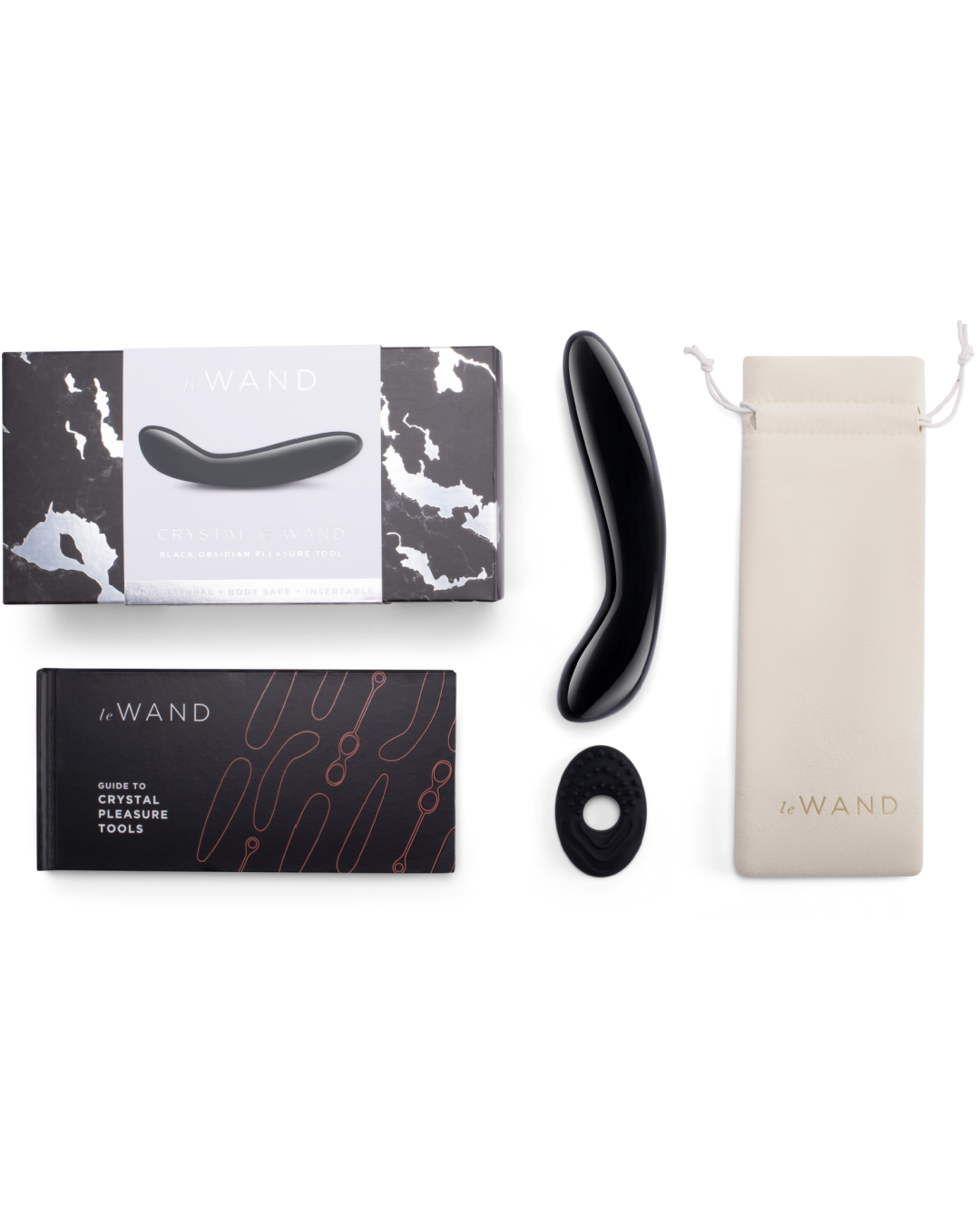 Le Wand Crystal G Spot Wand - Black Obsidian  pictured next to ring, box, storage pouch and manual