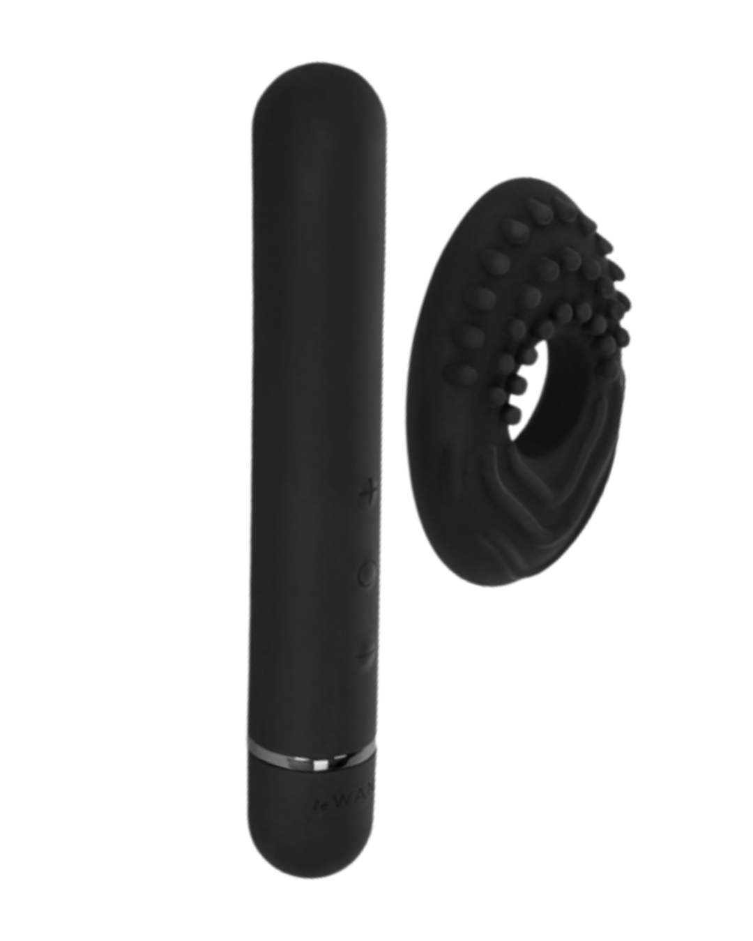 Le Wand Baton Slim Vibrator - Black against a white background with the texture sleeve.