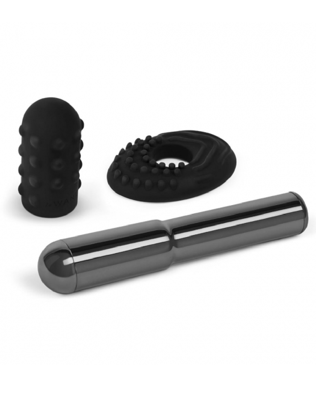 Le Wand Chrome Grand Bullet Metal Bullet with Texture Sleeve - Black on a white background with the 2 texture sleeves