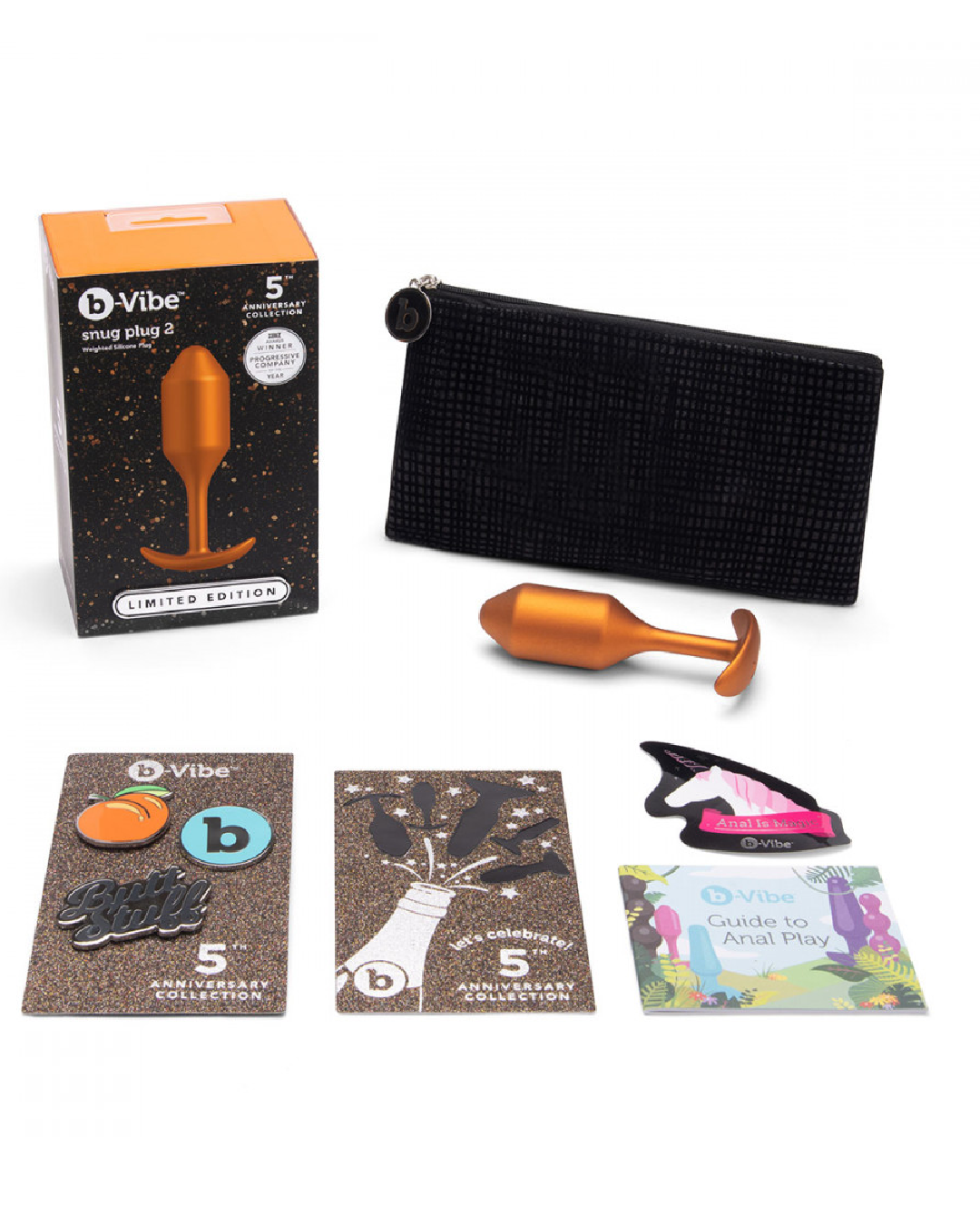 B-vibe Snug Plug 2 Weighted Silicone Butt Plug - 114 grams - Sunburst Orange with box contents