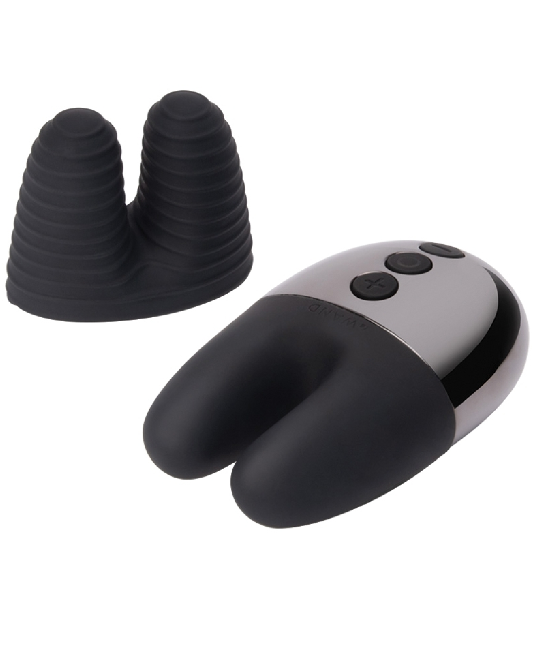 Le Wand Chrome Double Vibrator -Black vibrator next to attachment