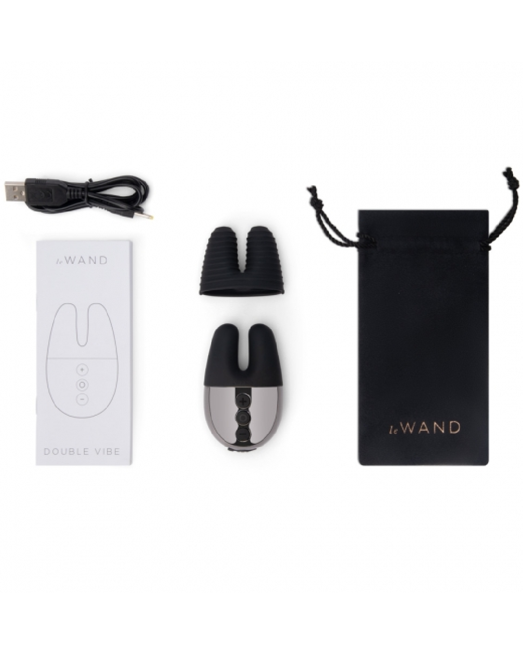 Le Wand Chrome Double Vibrator -Black contents of box including vibe, charger, manual and storage pouch
