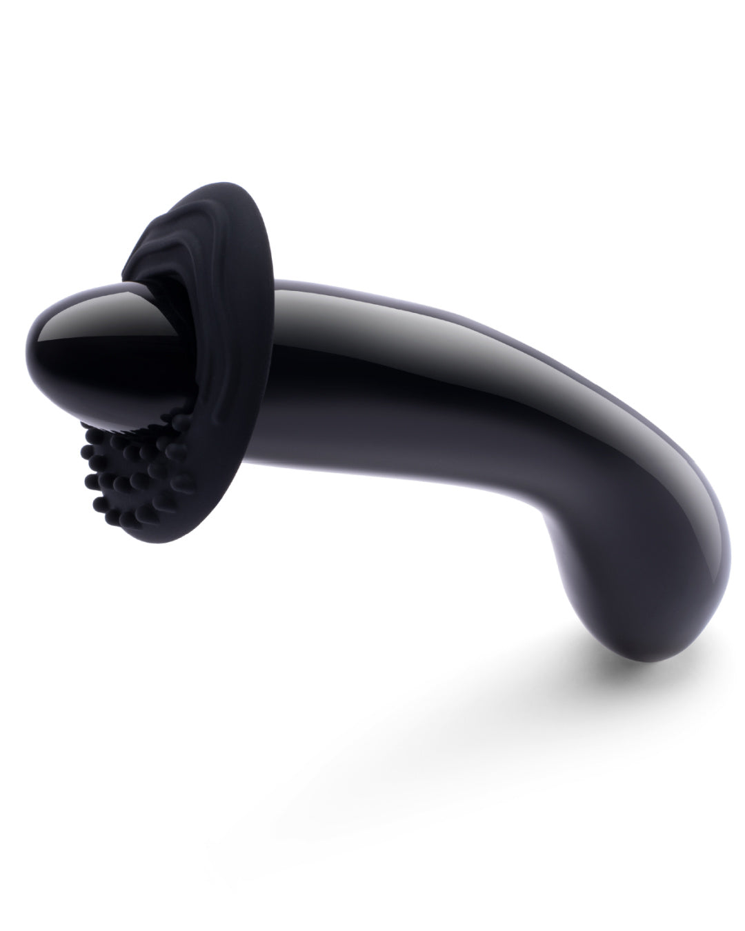 Le Wand Crystal G Spot Wand - Black Obsidian shown on an angle with the silicone ring on it