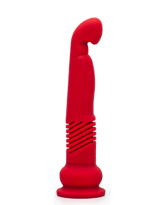 The Velvet Thruster Teddy Powerful Thrusting G-Spot Dildo- Moroccan Red on white background, side view