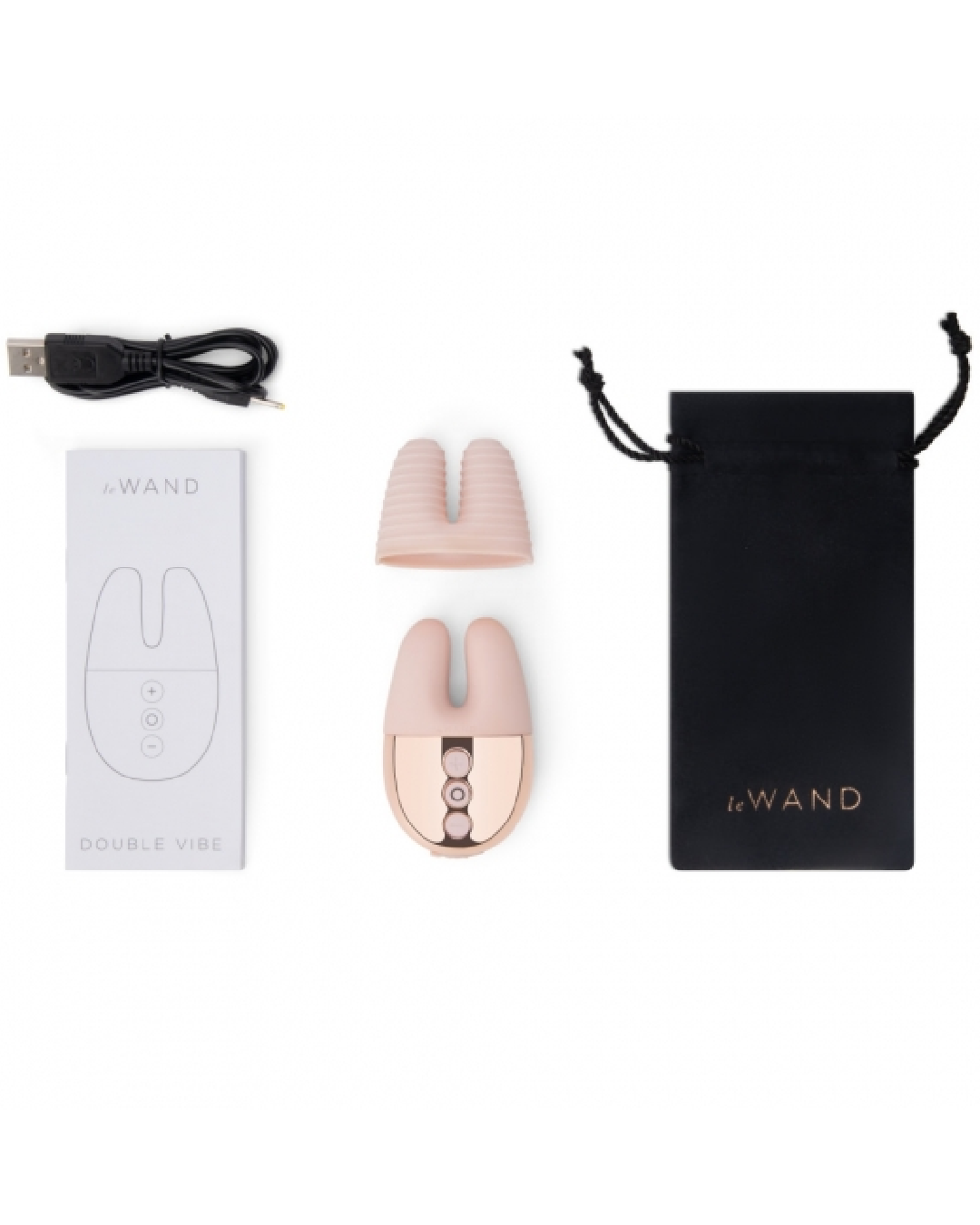 Le Wand Chrome Double Vibrator - Rose Gold showing contents with pouch vibe charger and manual