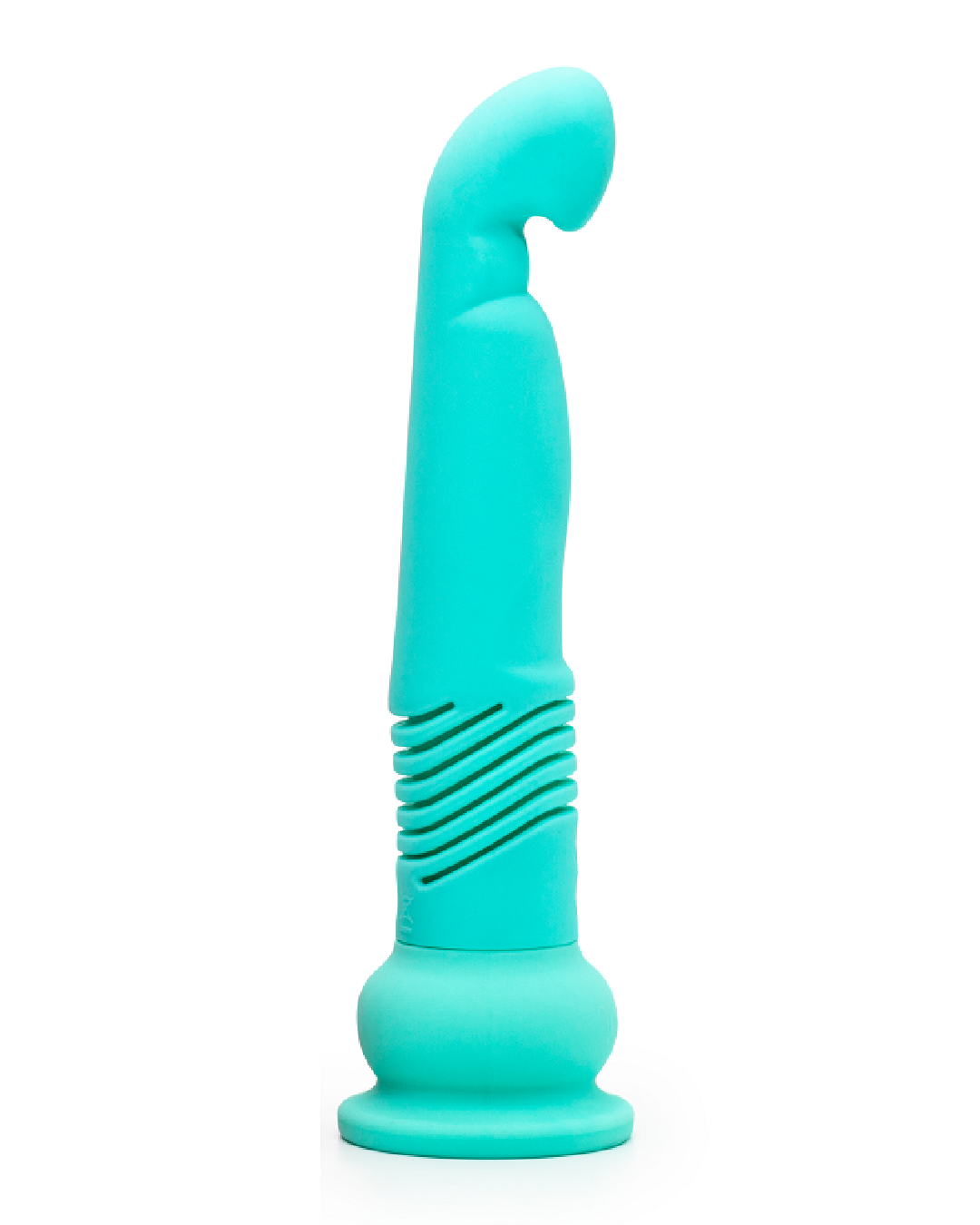 The Velvet Thruster Teddy Powerful Thrusting G-Spot Dildo- Mint Green on white background, side view