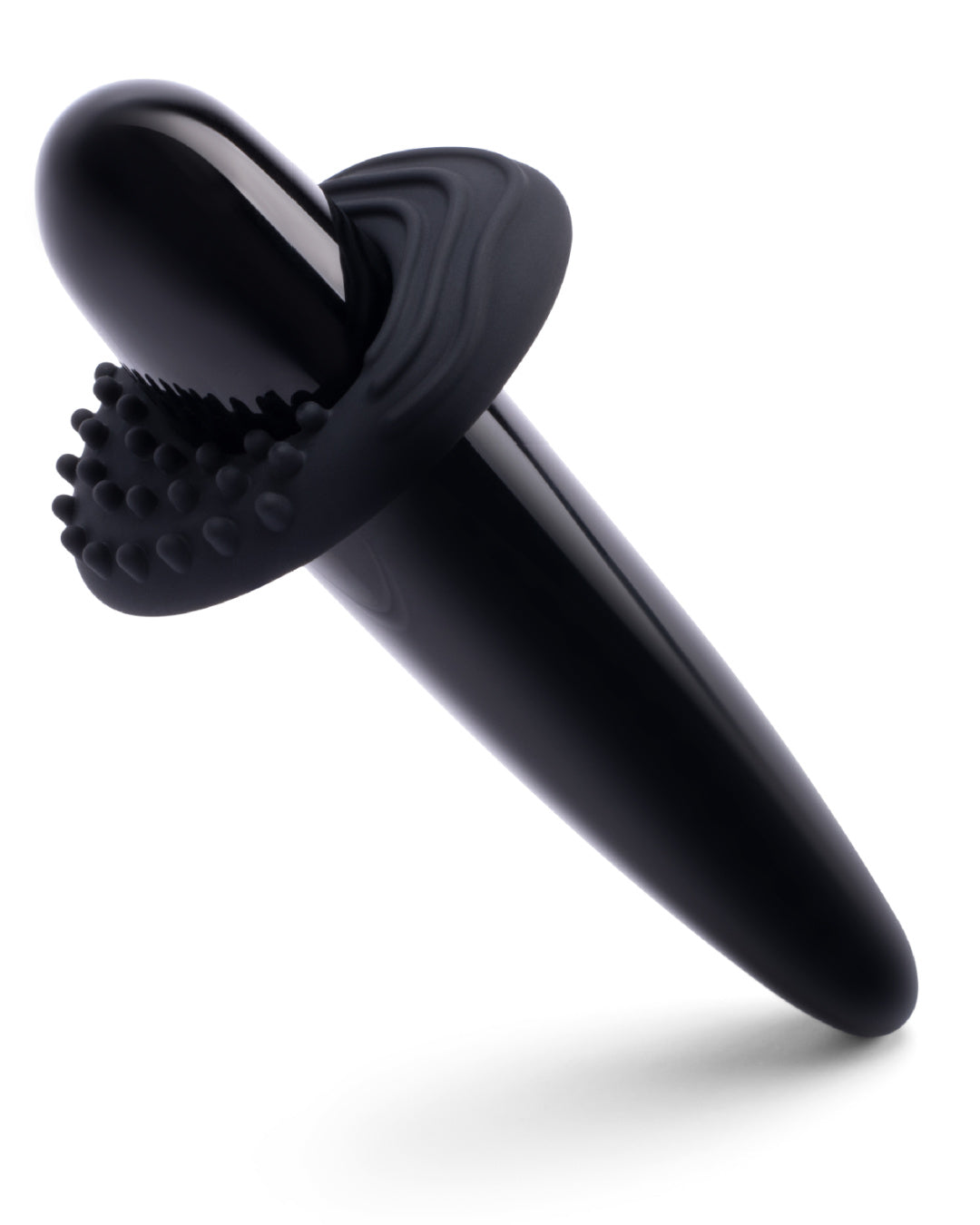 Le Wand Crystal Wand - Black Obsidian on an angle with silicone ring on it