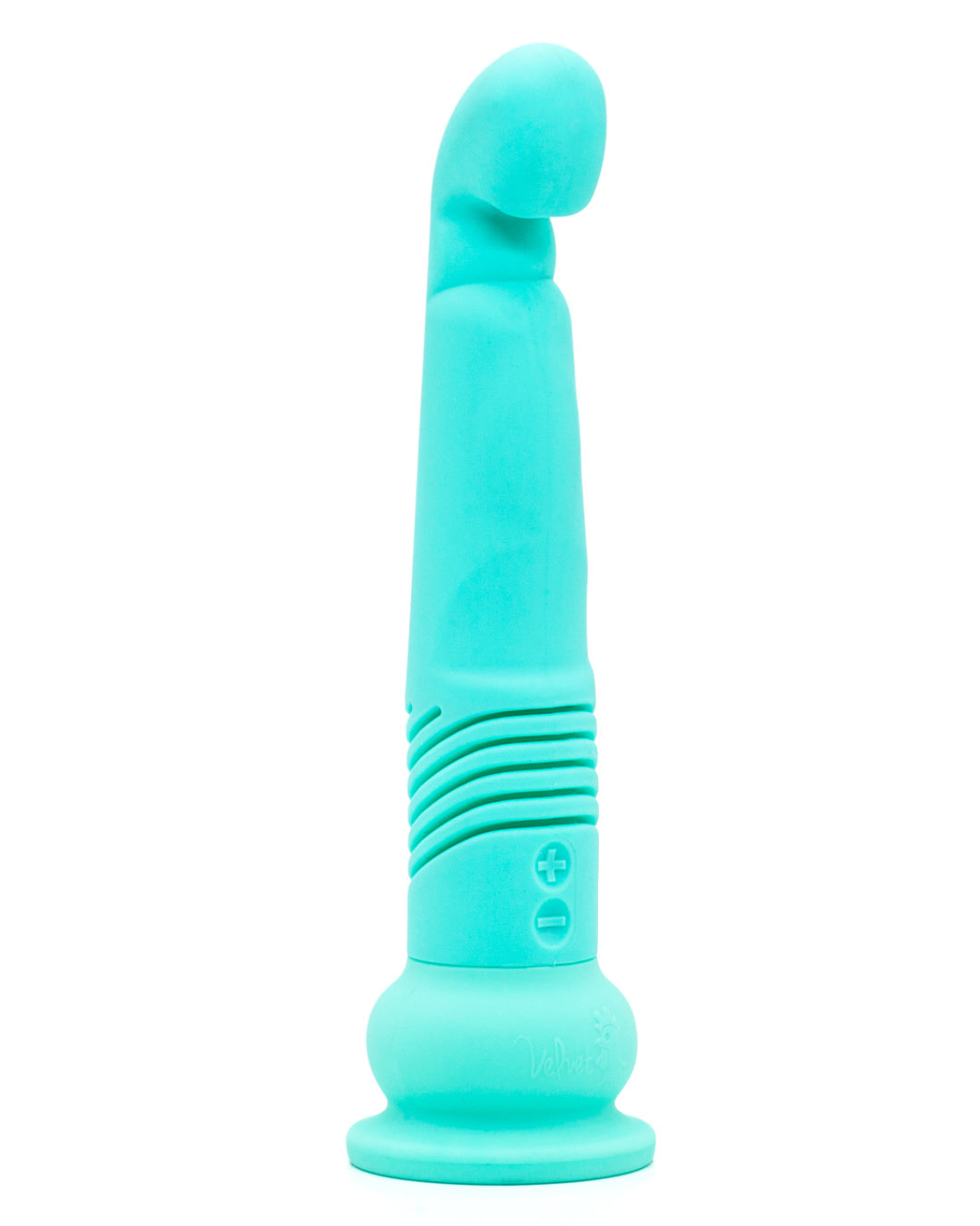 The Velvet Thruster Teddy Powerful Thrusting G-Spot Dildo- Mint Green on white background, angled side view