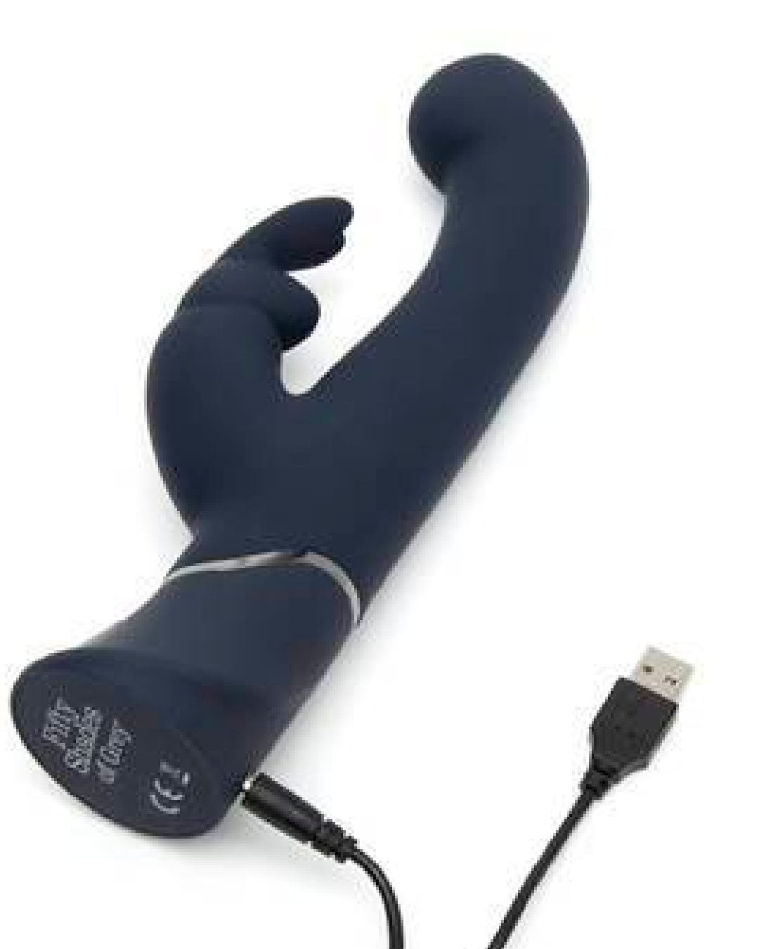 Fifty Shades Of Grey Greedy Girl Dual Density G-spot Rabbit Vibrator on its side showing charging cord