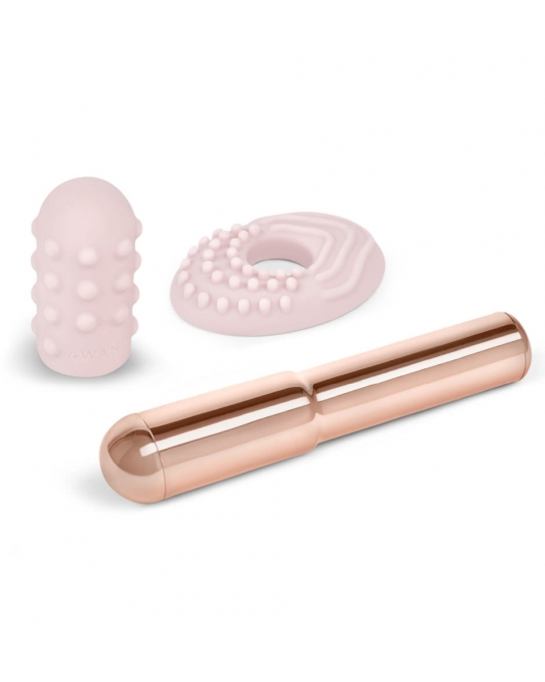 Le Wand Chrome Grand Bullet Metal Bullet with Texture Sleeve - Rose Gold no a white background with the 2 texture sleeves