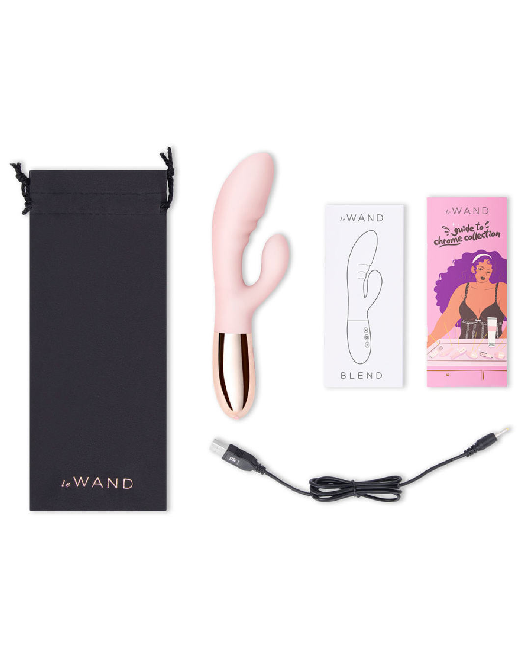 Le Wand Blend Double Motor Rechargeable Rabbit Vibrator - Rose Gold package contents
