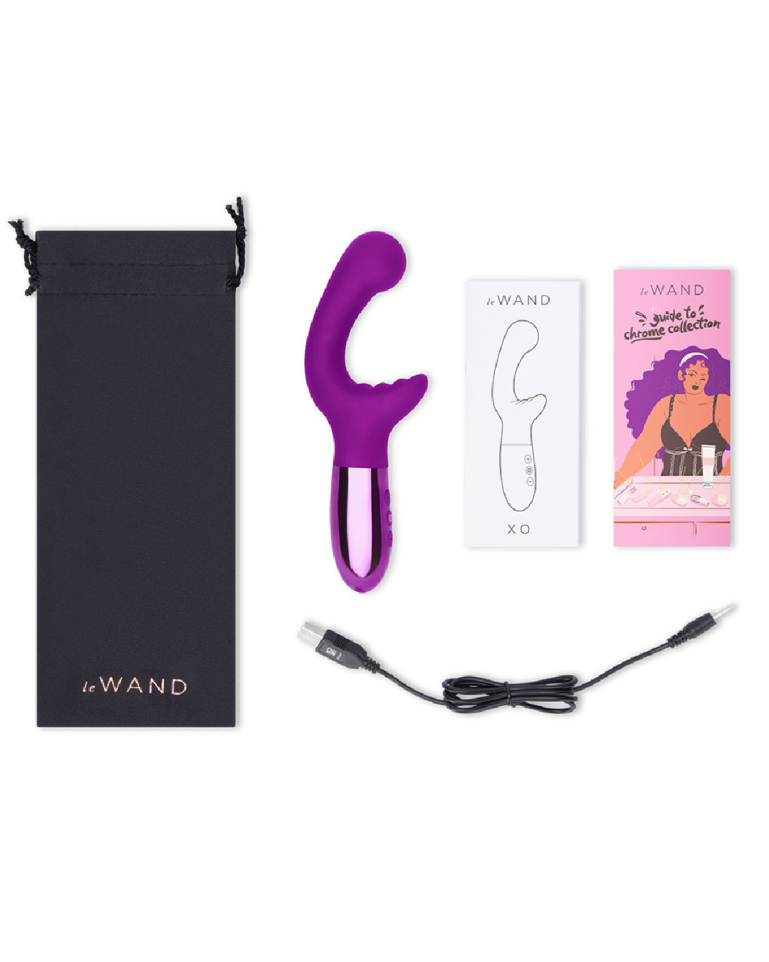Le Wand XO Double Motor Internal and External Vibrator - Dark Cherry package contents