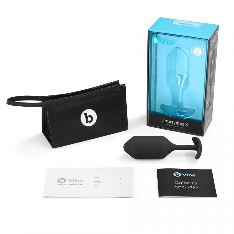B-vibe Snug Plug 3 Weighted Silicone Butt Plug - 180 grams black with accessories