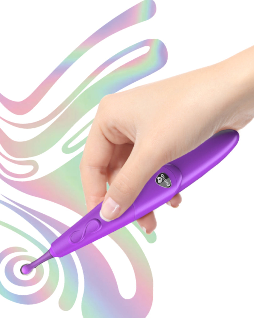 Zumio S - Rechargeable Clitoral Stimulator against a white background with purple swirls held in a woman's hand