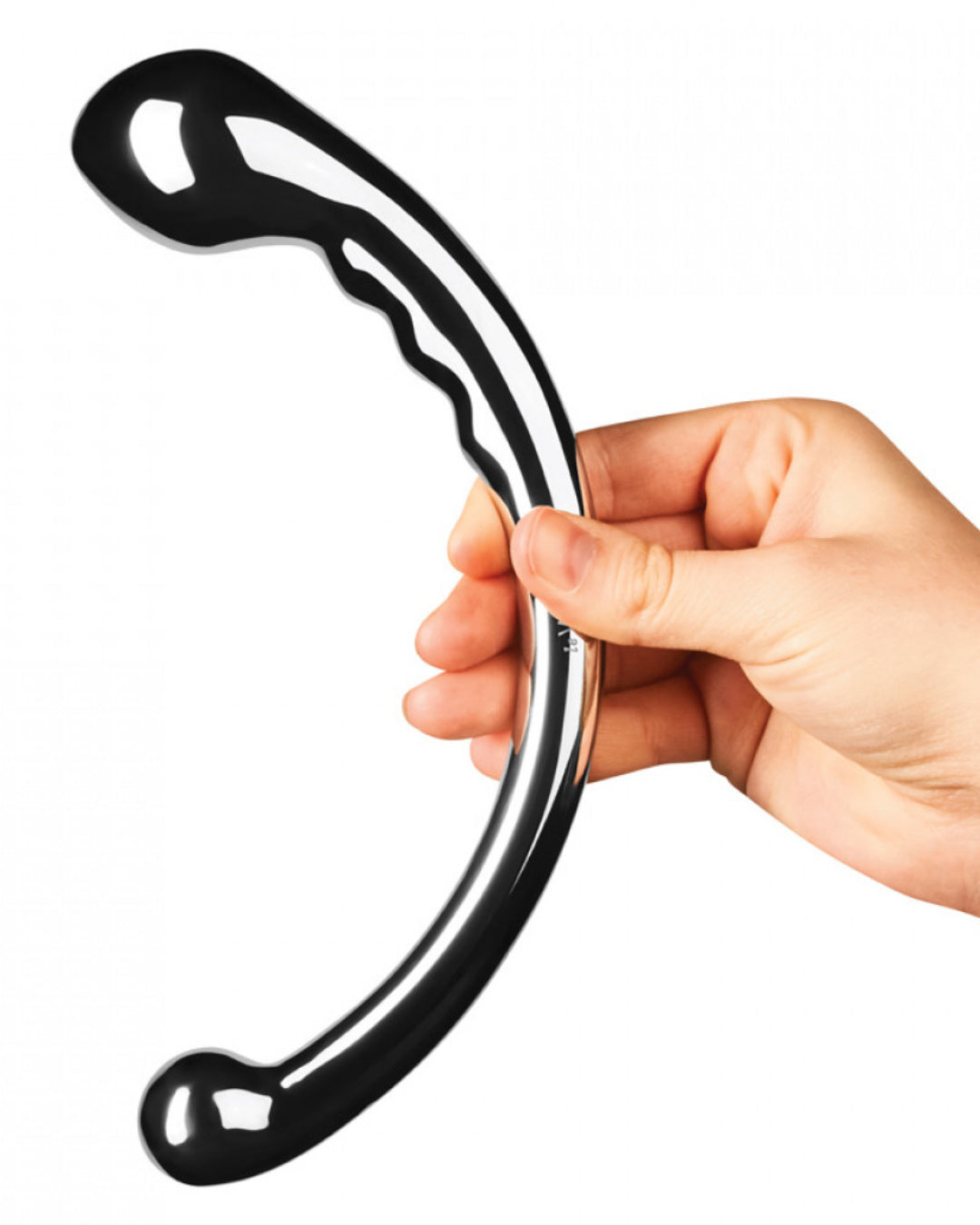 Le Wand Hoop Double Ended Stainless Steel Dildo held at the center by a person's hand to illustrate the size of the dildo