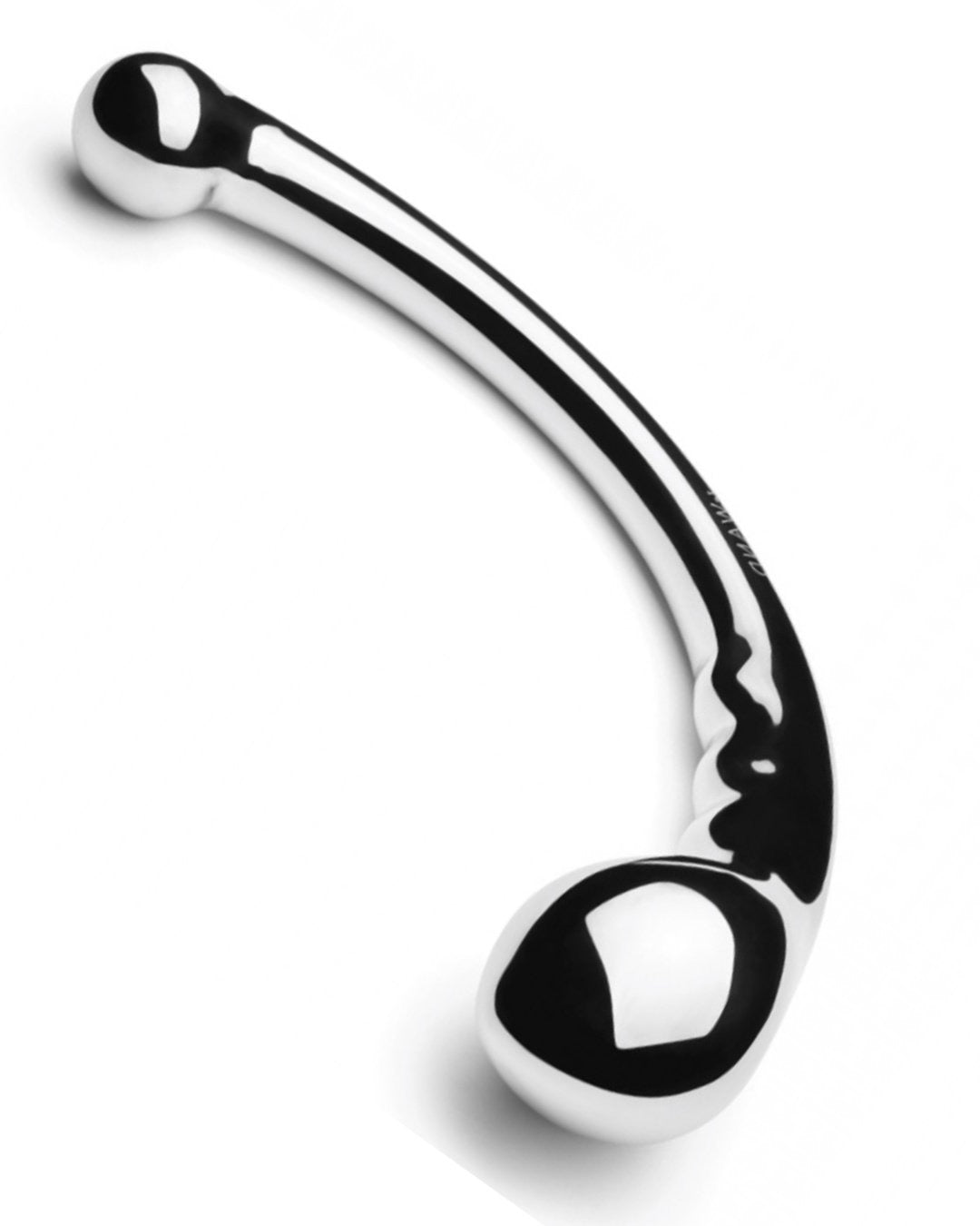 Le Wand Hoop Double Ended Stainless Steel Dildo against a white background, with the larger bulb towards the viewer tilted to show the curve and pleasure ridges