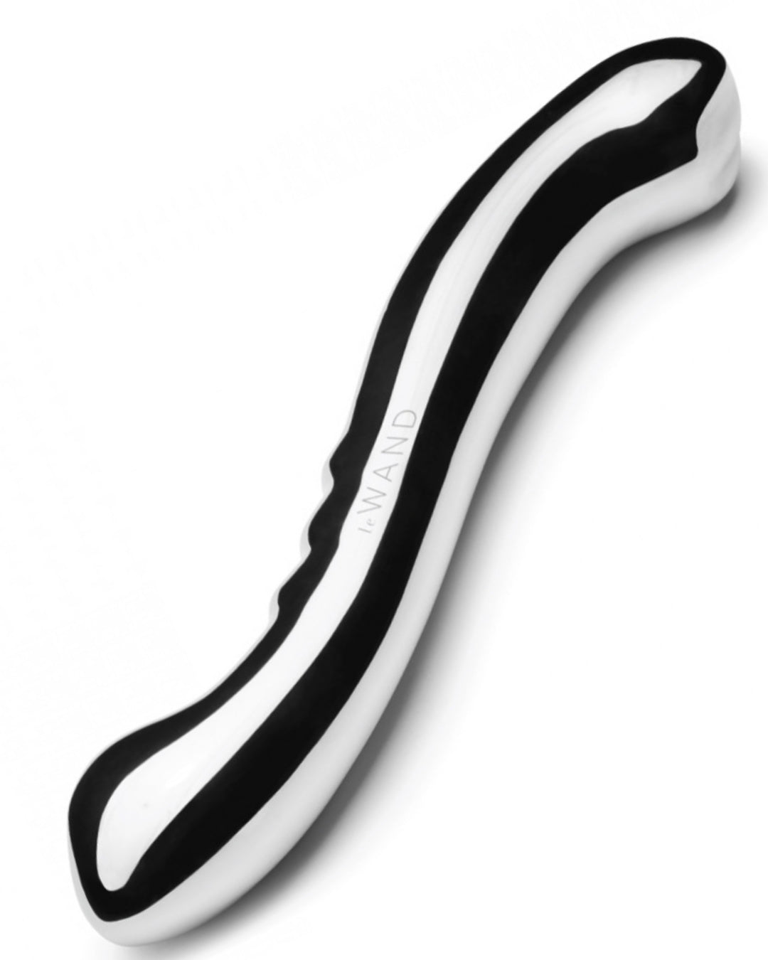Le Wand Contour Double Ended Stainless Steel Dildo against a white background, side view to show the curve and ends