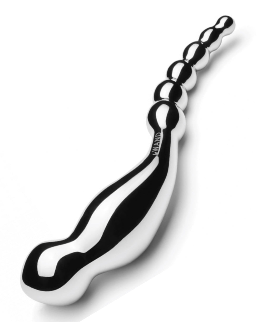 Le Wand Swerve Double Ended Stainless Steel Dildo horizontal on a white background with the larger tip towards the camera