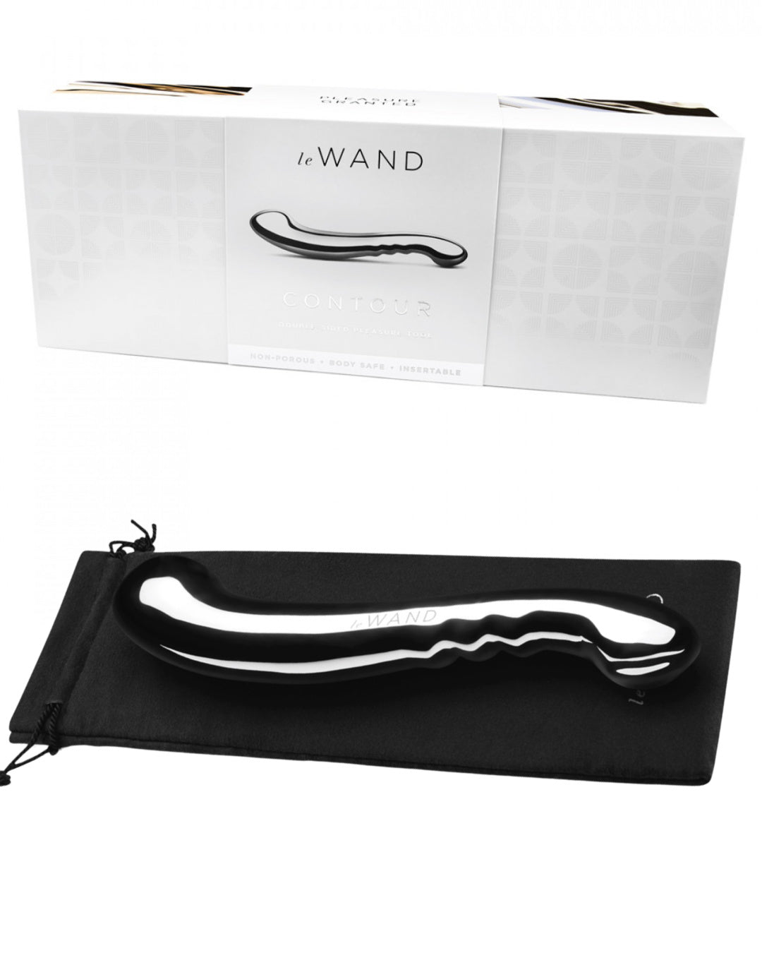 Le Wand Contour Double Ended Stainless Steel Dildo laying on its black storage bag against a white background