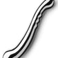 Le Wand Contour Double Ended Stainless Steel Dildo against a white background, tilted to show the curve and pleasure ridges