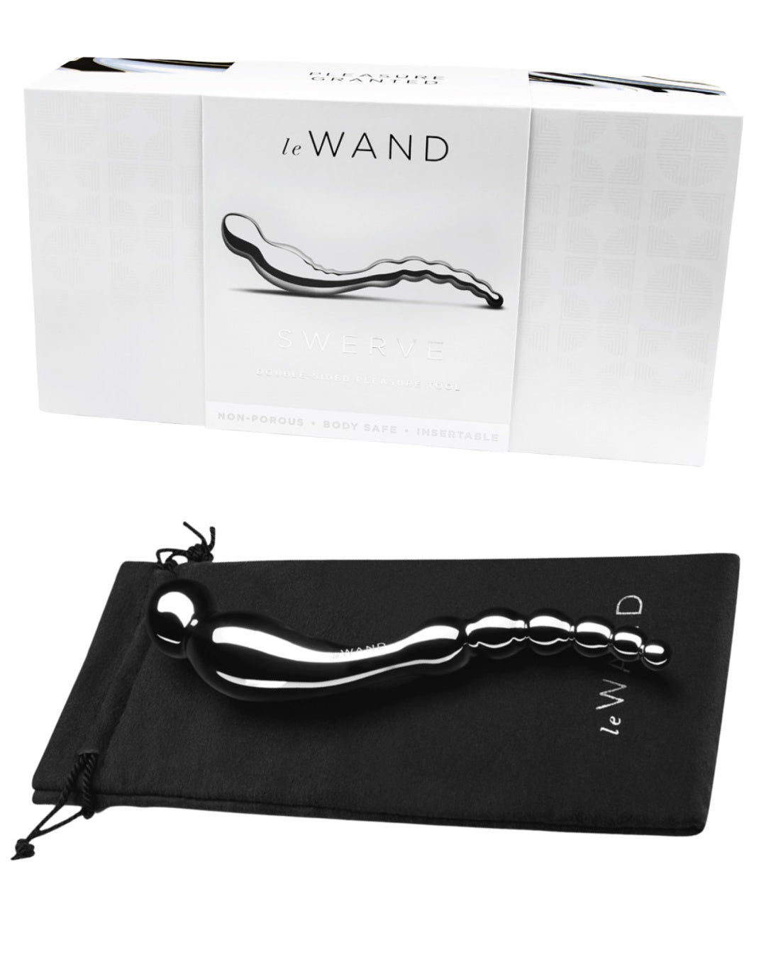 Le Wand Swerve Double Ended Stainless Steel Dildo laying on its black storage bag against a white background