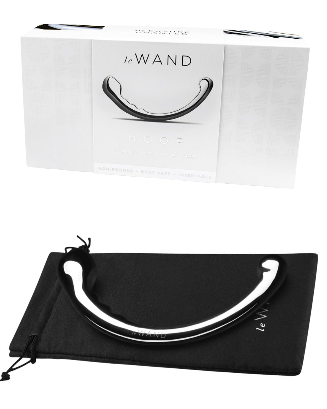 Le Wand Hoop Double Ended Stainless Steel Dildo laying on its black storage bag against a white background