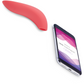 We-Vibe Melt Rechargeable Pleasure Air Clitoral Stimulator on a white background with a smart phone showing the we-vibe app