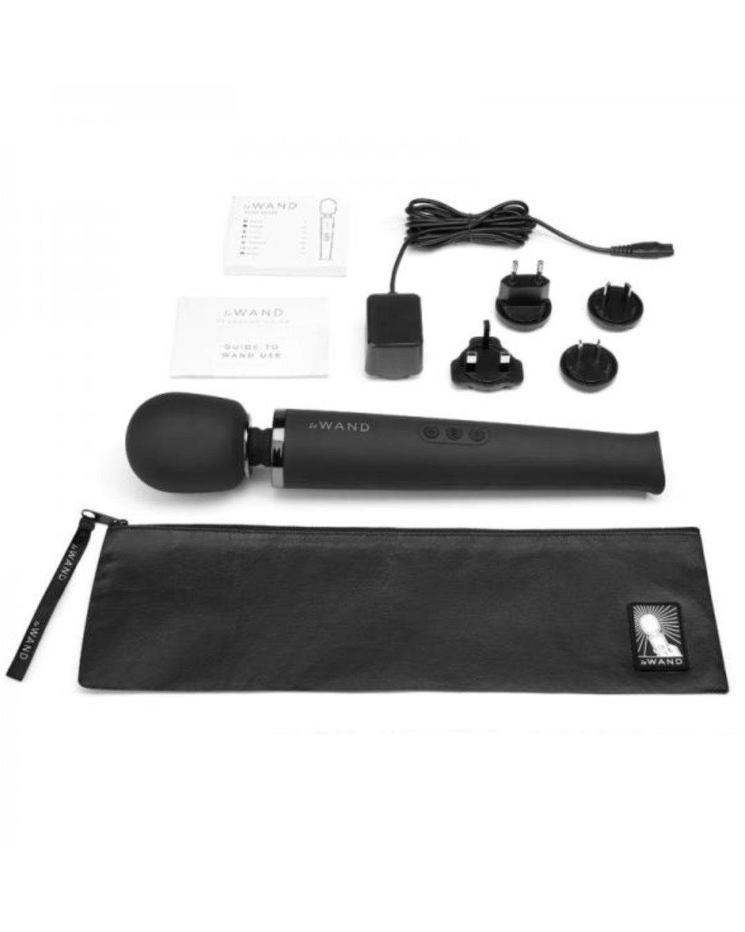 Le Wand Cordless Vibrating Massager - Black on a white background with the zip up travel bag, plugs, and cord