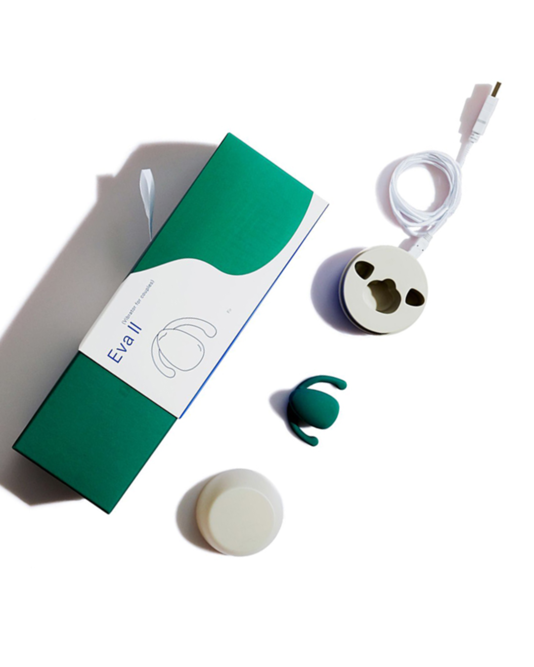 Eva II Hands-Free Silicone Rechargeable Clitoral Vibrator by Dame - Fir Green packaging