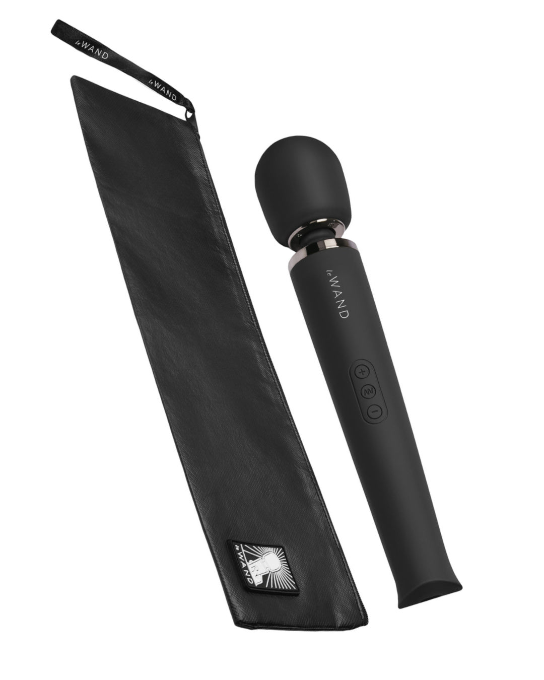 Le Wand Cordless Vibrating Massager - Black with its matching zip up travel bag on a white background