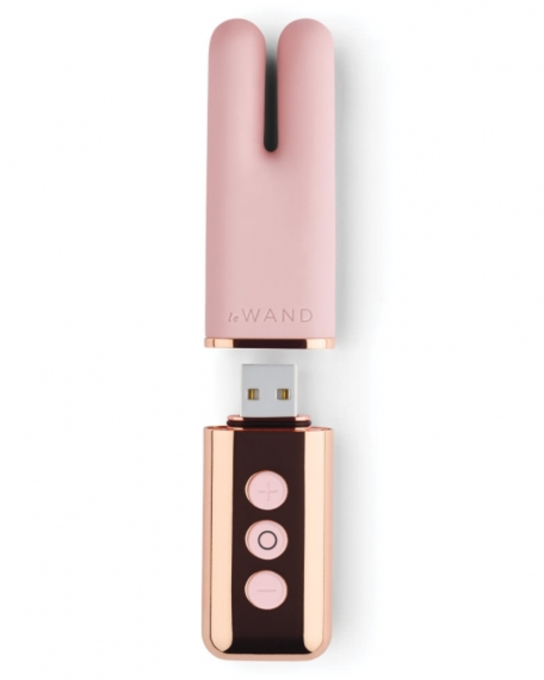 Le Wand Deux Twin Motor Rechargeable Waterproof Vibrator - Rose Gold with charging port open