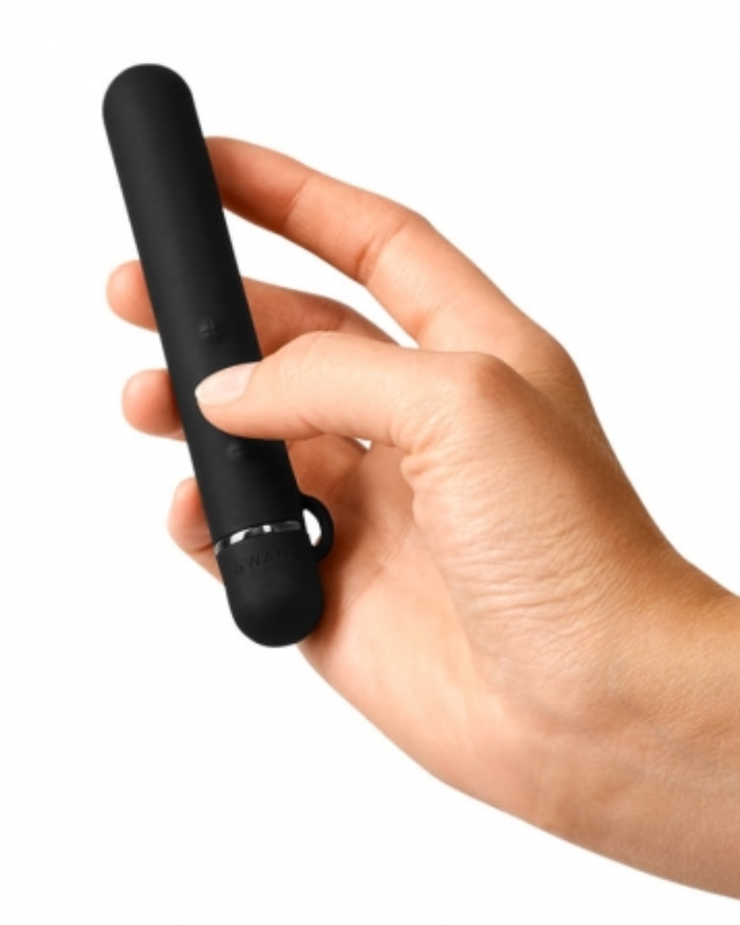Le Wand Baton Slim Rechargeable Waterproof Vibrator - Black held in a hand